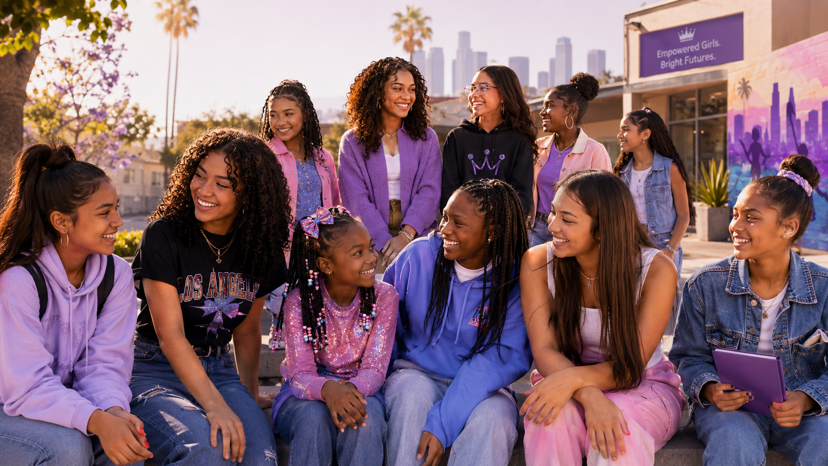 Young ladies gathered together near a Beautifully Unveiled community center