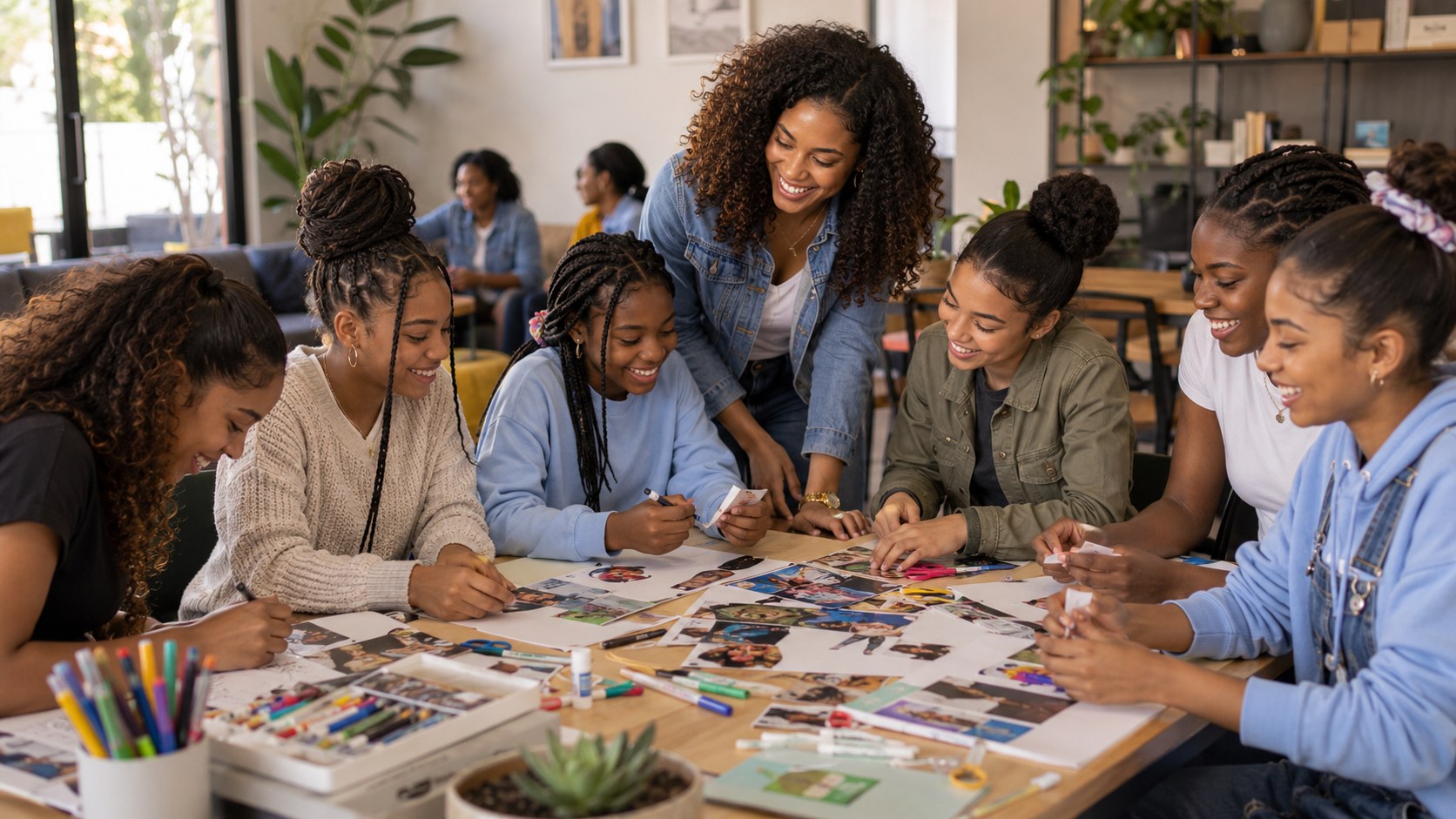 Young ladies creating art together during a mentorship activity