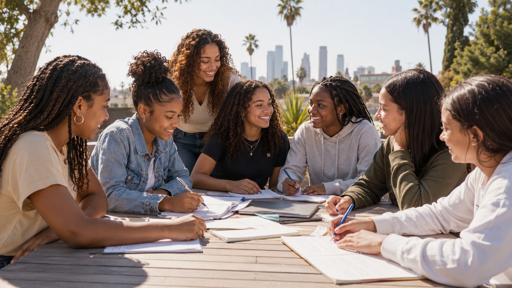 Young ladies studying together outdoors with a mentor