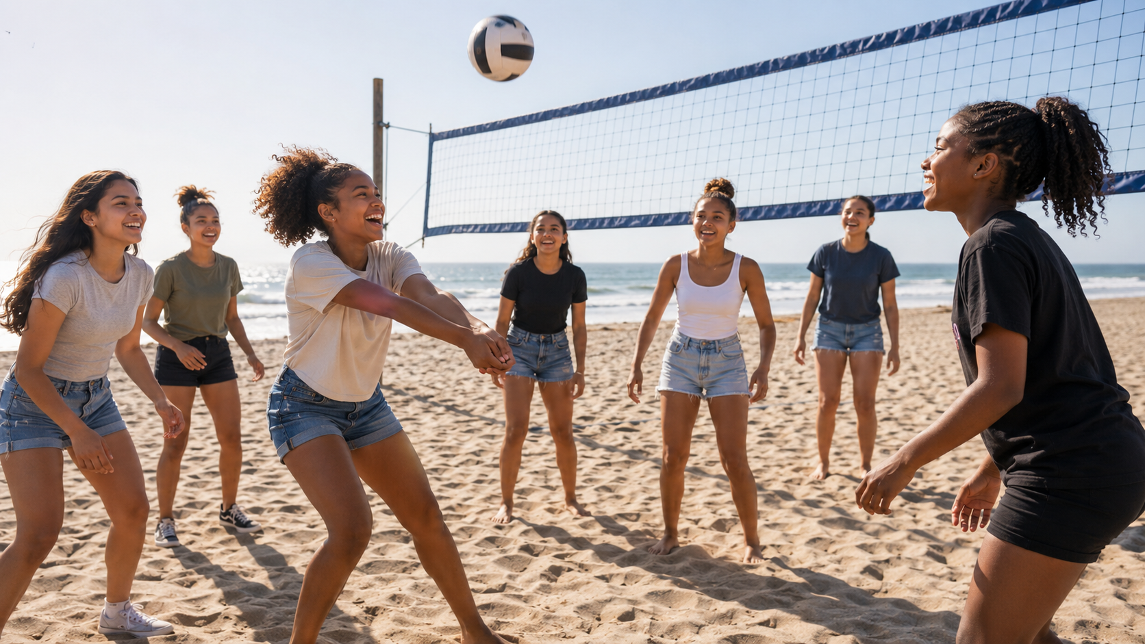 Young women playing beach volleyball together